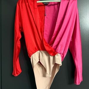 Satin Red and Pink Long Sleeve Bodysuit size medium new with tags